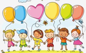 Řada dětí s balónky ( autor MŠ Peškova )